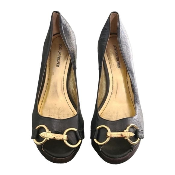 BOSTON PROPER Horsebit Peeptoe Platform Stilettos 8 Heels Leather Gold Buckles - Picture 3 of 15
